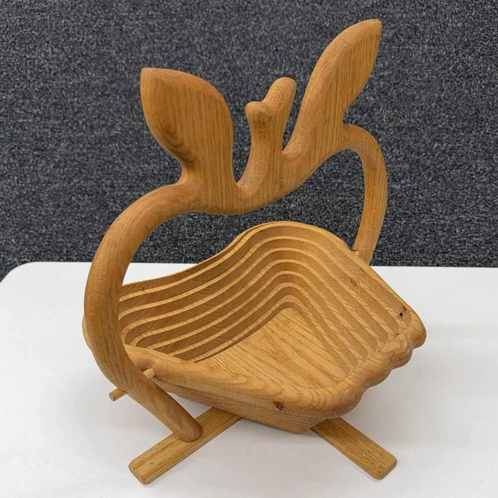 Collapsible Wooden Apple Fruit Bowl Basket Stand‎ Handle Rustic Farmhouse Decor
